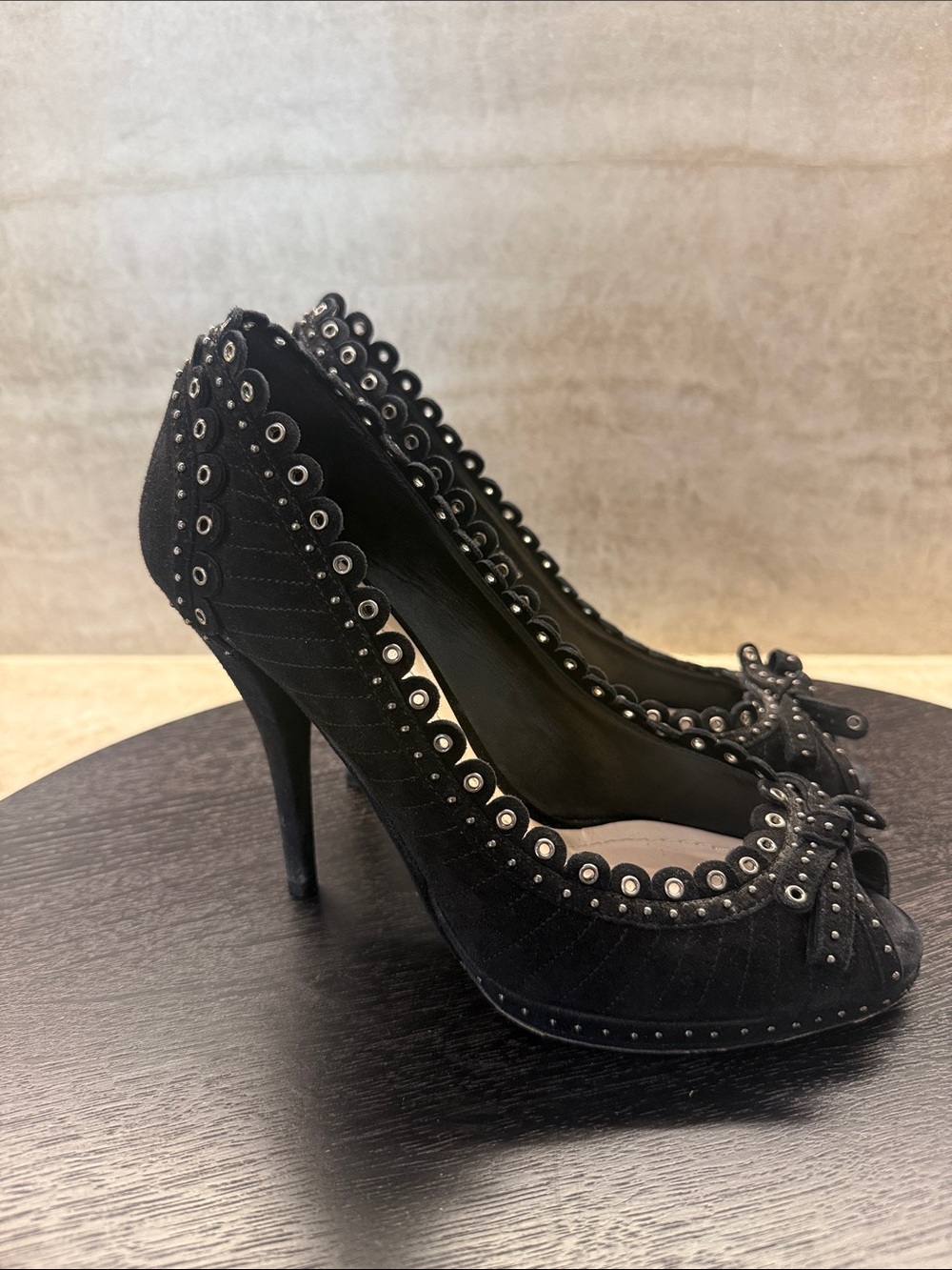 Vintage Christian Dior Black Suede Studded Muse Peep-Toe Heels with Bow - Picture 4 of 5